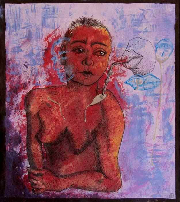 Color drawing of a nude person, arms crossed against a purple background.
